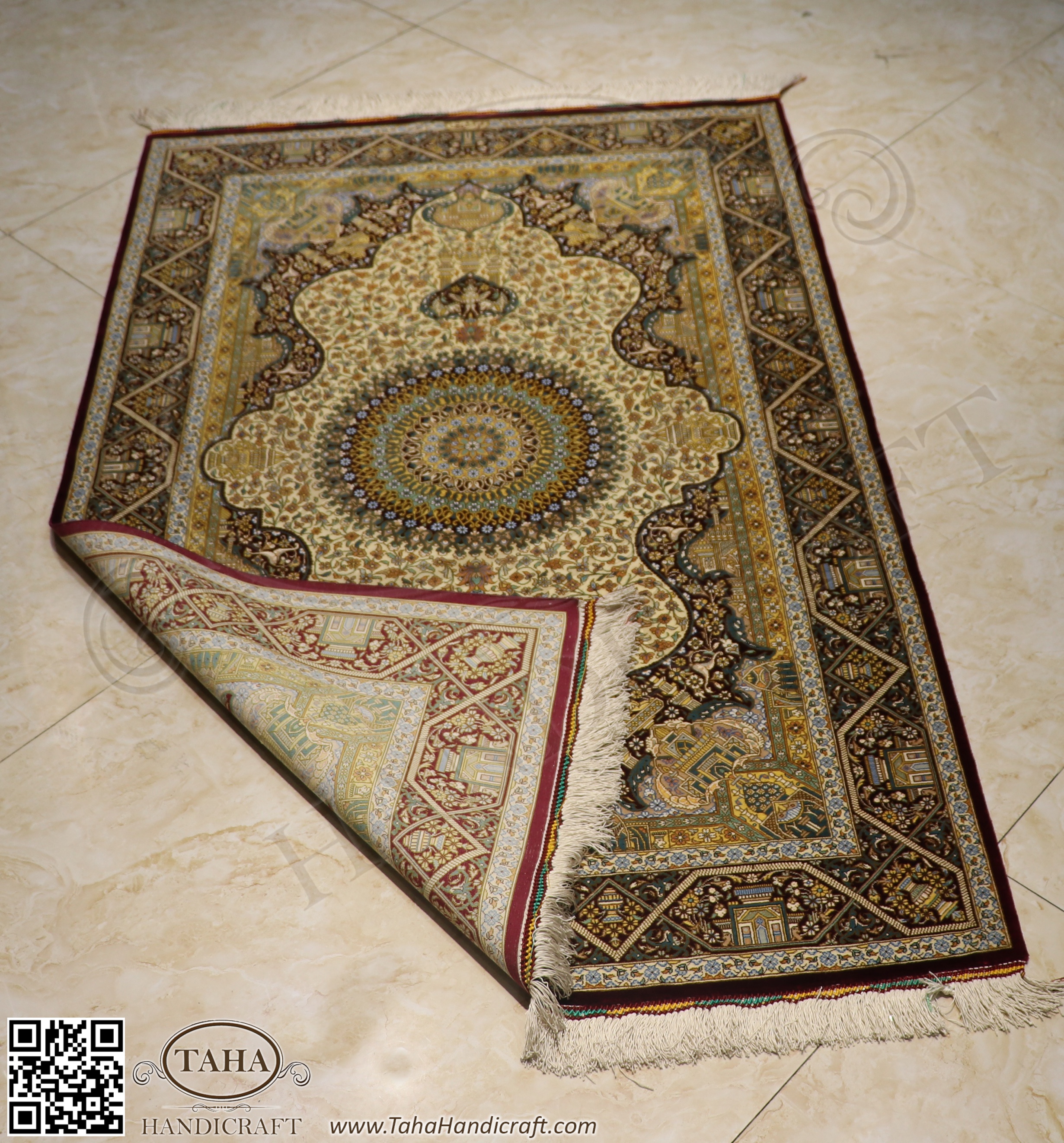 Iranian Rugs, Complete Silk Carpet Lachak Toranj, 154*100 cm, Cream